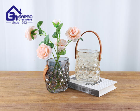 Hgh-end various color glass vase with lether handle for American and European market