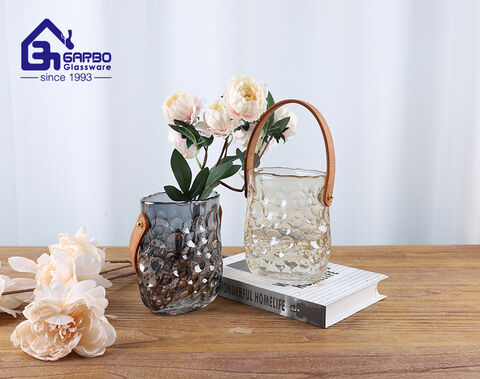 Hgh-end various color glass vase with lether handle for American and European market