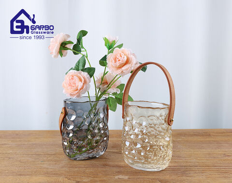 Hgh-end various color glass vase with lether handle for American and European market