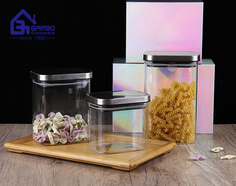 Multi-size rectangular shape light weight borosilicate glass food storage jar with airtight stainless steel lid