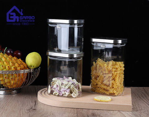 Multi-size rectangular shape light weight borosilicate glass food storage jar with airtight stainless steel lid