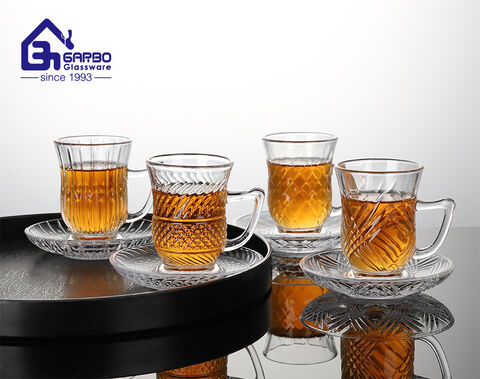Engraved Pattern New Tea Glass Mug with Dish Tea Drinking Glasses