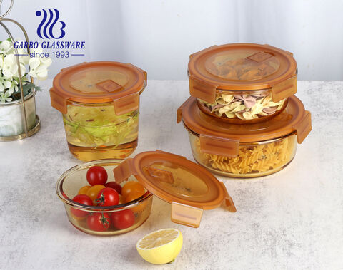 high borosilicate machine pressed amber color glass bowl with lid