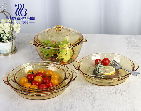 Round 1.5L Solid Gold Color Glass Casserole Dish with Glass Lid For Oven