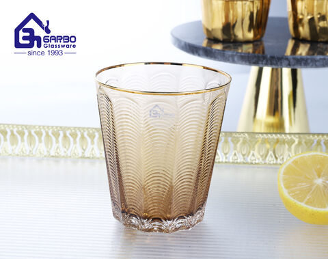 High-white handmade embossed line design water drinking cup with gold rim