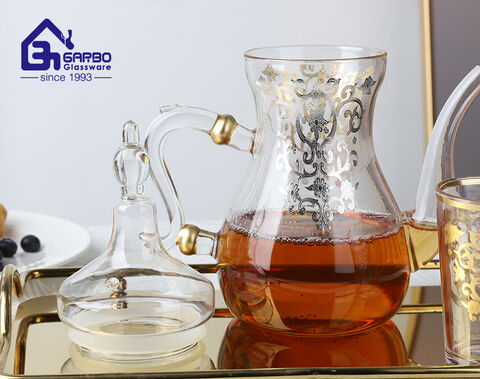 Borosilicate Heat Resistant Glass Tea Pot with Golden Decal Tea Drinking Set