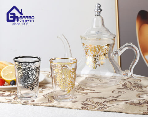 Handmade high-borosilicate 7pcs Arabic morocco teapot set with golden pattern