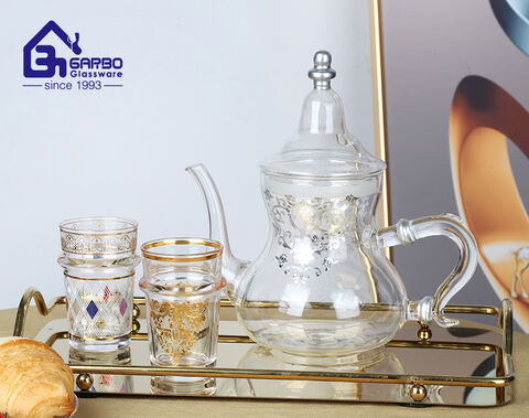 Arabic style borosilicate glass tea pitcher with gold design