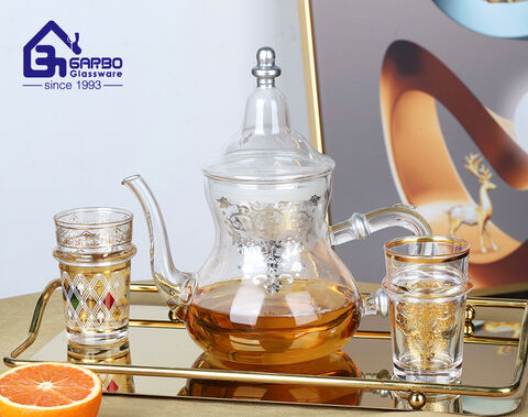 Arabic style borosilicate glass tea pitcher with gold design