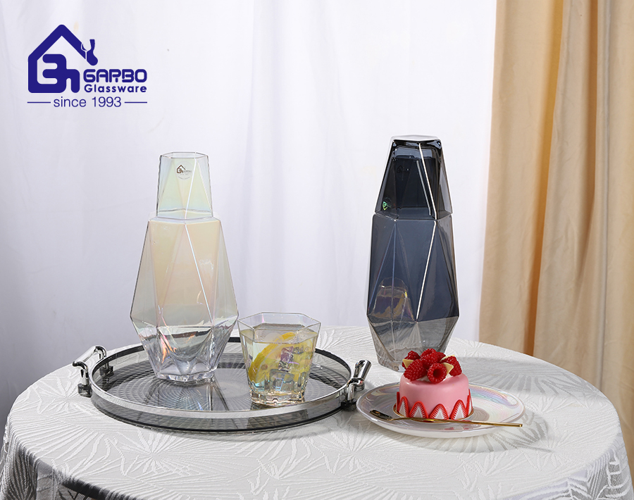 Ion plating color handmade diamond shape glass jug set for home factory in china