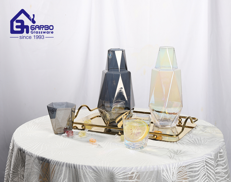 Hand-made luxury home use glass jug set with cup in Ion plating manufacturers in china