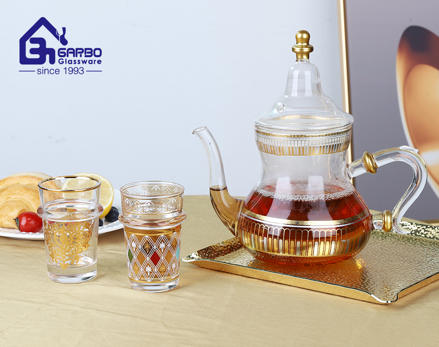 Service à thé chaud de luxe de style marocain 7 pièces Théière en verre arabe avec tasse à thé de 130 ml