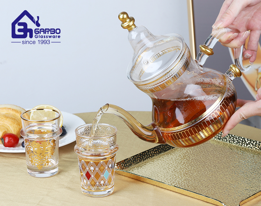 Luxury Morocco Style Hot Tea Set 7PCS Arabic Glass Teapot with 130ml Drinking Tea Cup Set 