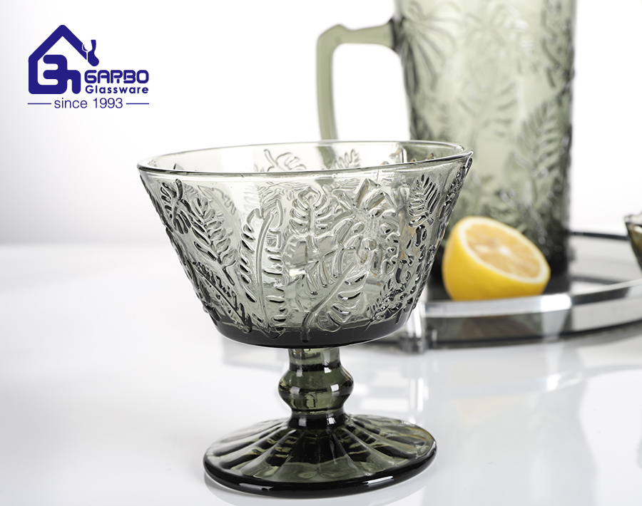 280ML embossed gray solid colored drinking glass with plant pattern