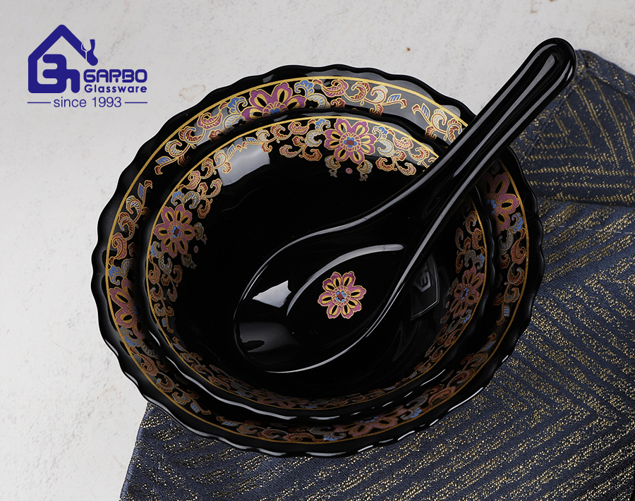 China factory black opal glass dinner set with decal design wholesaler