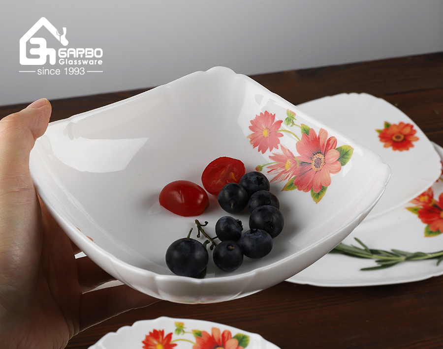 11.5 inch machine-made opal glass bowl with customized red flower pattern