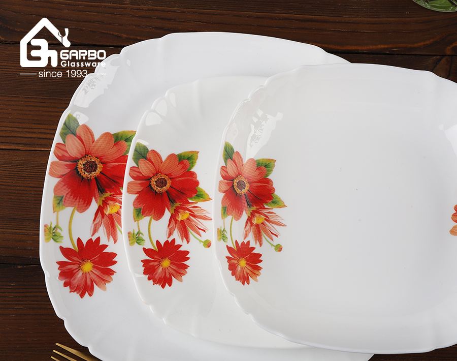 14 inch machine-made white opal glass fish plate with customized red flower decal