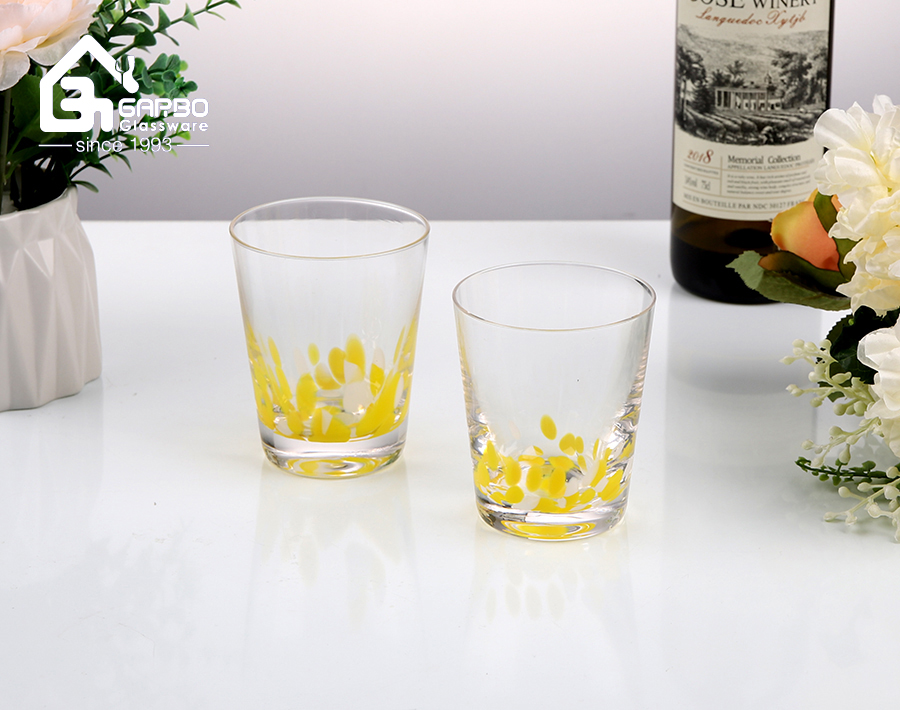 High-end style drinking glasses handmade glass cup with yellow color dot design