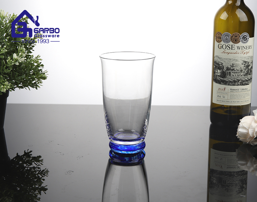 Handmade 12oz whisky drinking glass cup with solid blue colored bottom