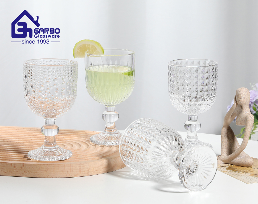 hot sale machine pressed engraved glass goblet cup high quality