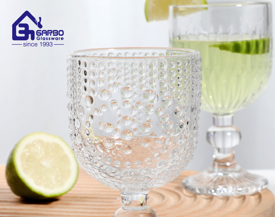 hot sale machine pressed engraved glass goblet cup high quality