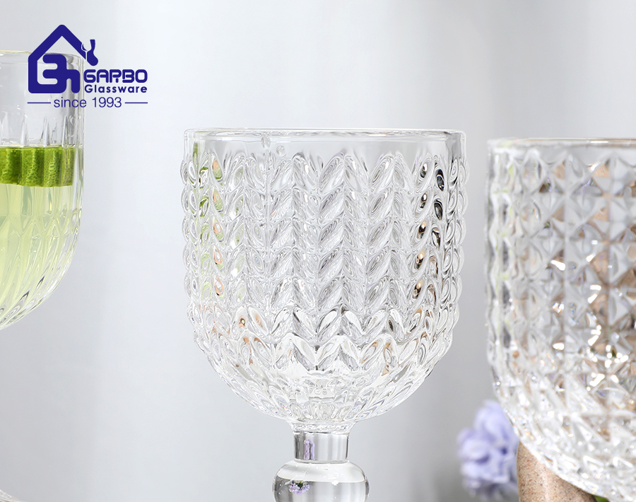 hot sale machine pressed engraved glass goblet cup high quality