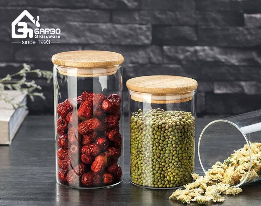 Round shape borosilicate glass food storage jar with bamboo lid