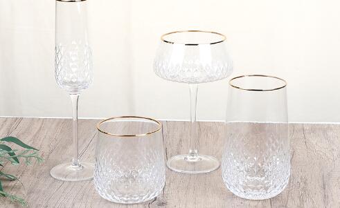 high-end diamond pattern design glass wine cup with gold rim