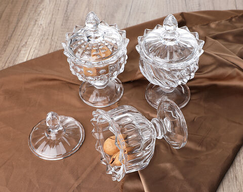 Factory wholesale 3 designs glass candy jar with a stand and lid