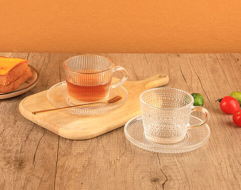 bulk sales glass tea mug with saucer set in stock