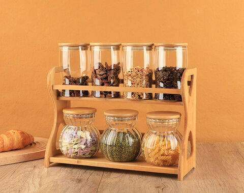 Algeria hot sell borosilicate glass storage jars set 8pcs with bamboo lid and stand