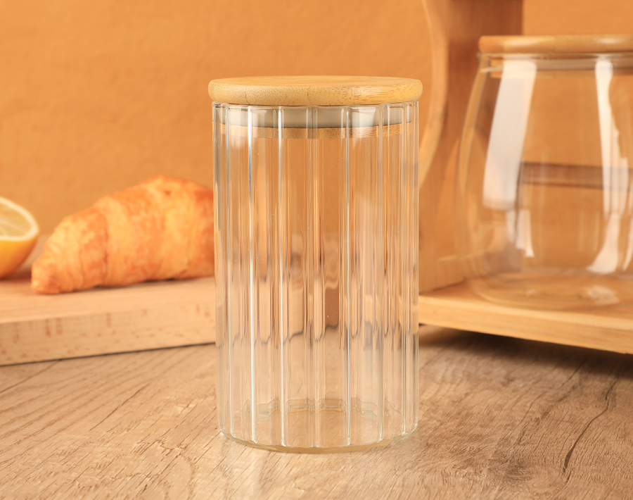 Algeria hot sell borosilicate glass storage jars set 8pcs with bamboo lid and stand