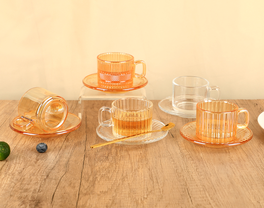 Factory wholesale glass tea cup with saucer in ion plating color